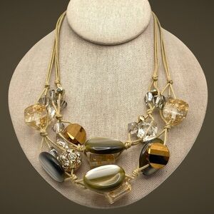 Chunky Chicos Double Strand Necklace Glass Moonglow Lucite Beads Leather Cord